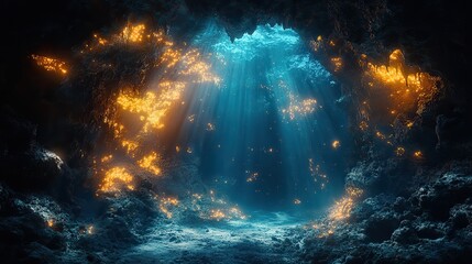 A vibrant underwater cave illuminated by bioluminescent organisms clinging to the walls and ceiling.