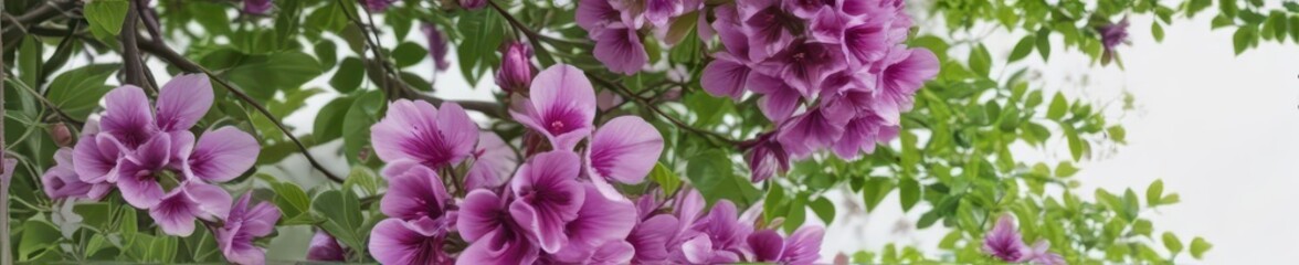 Obraz premium Vibrant purple blossoms, lush green foliage White backdrop , elegant, botanical, close-up