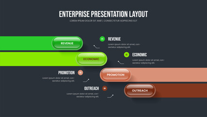 Fototapeta premium Financial Briefing Four Option Diagram Slideshow Template. Professional Insight Slide Layout Vector Illustration. Enterprise Performance 4 Step Infographic Frame Design.