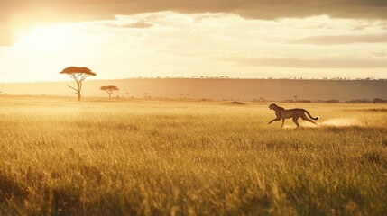 Fototapeta premium Cheetah running across golden savanna at sunset wildlife photography