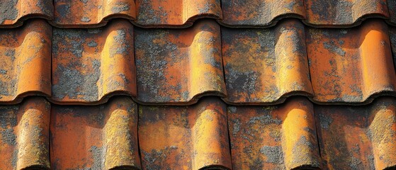 Orange clay roof tiles exhibit aging texture, presenting weathered appearance and moss growth.