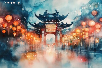 A vibrant watercolor scene of a traditional Chinese gate illuminated by glowing lanterns on a misty night.
