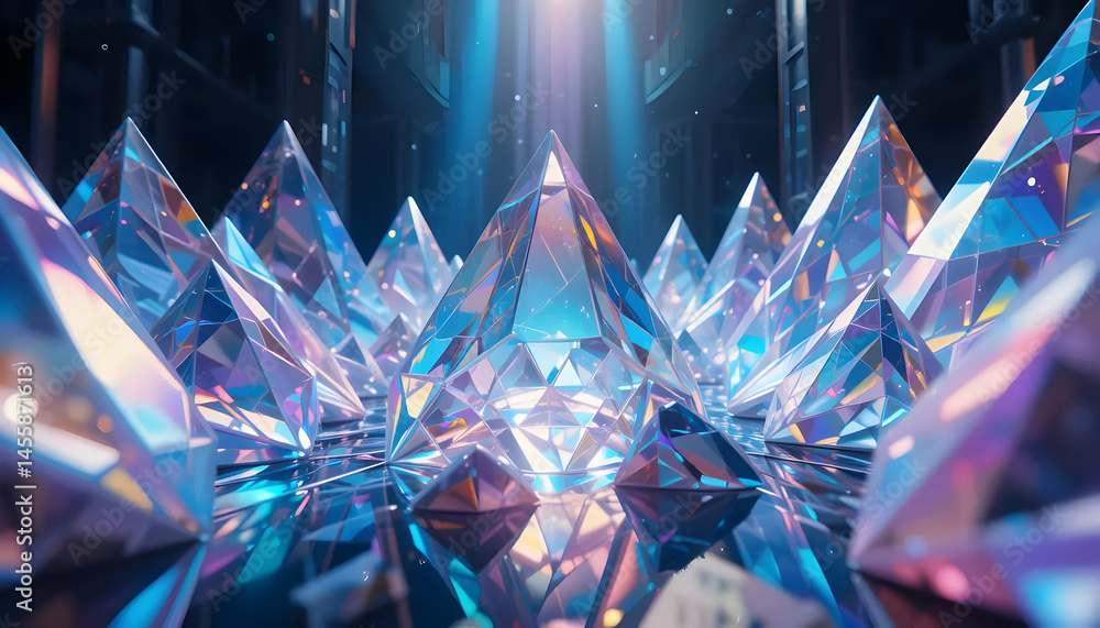 Poster iridescent crystal pyramids a stunning 3d render of prismatic gems in a dark, mysterious setting
