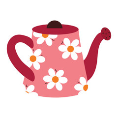 cute drawing cartoon pink teapot with flower pattern. cute icon for sticker