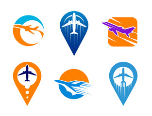 Plane map pin icons of vector air travel and flight, trip and tourism. Airplanes flying in cloud sky silhouettes with route tracks, map pins or destination pointers. Plane, aircraft and aviation signs