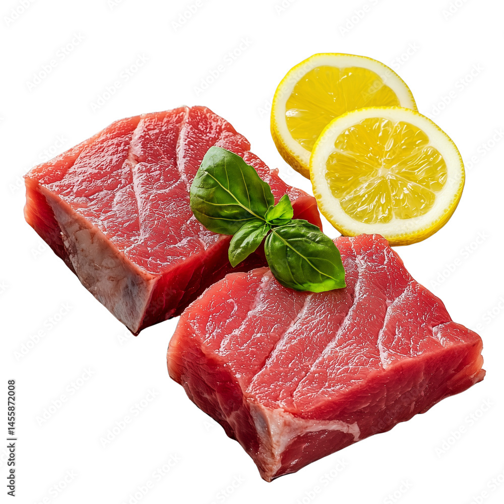 Poster fresh cuts of red meat garnished with basil and lemon slices. isolated on white background and trans