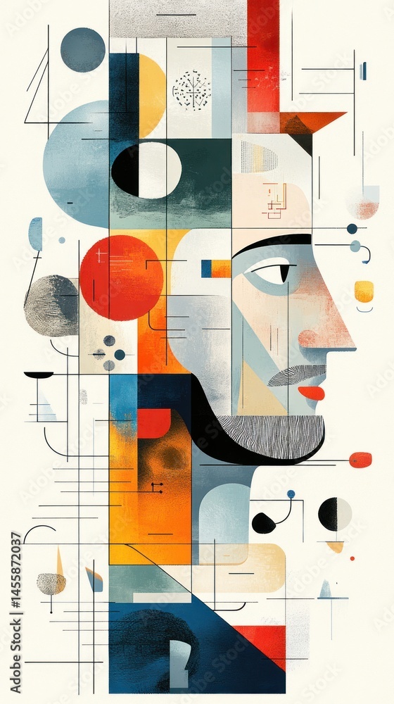 Poster abstract portrait of a person, filled with geometric shapes and colors, layered and overlapping. a p