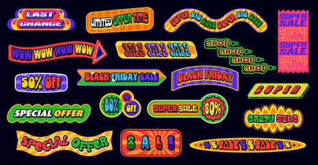 Y2k groovy shopping stickers, retail and sale funky patch labels of discount offers. Trendy retro 90s vector badges, y2k geometric shape tags, groovy ribbon banners and arrow stickers sale offer promo