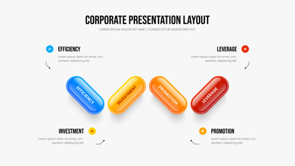 Enterprise Showcase Four Option Diagram Presentation Template. Business Visualization 4 Step Infographic Slideshow Layout. Company Proposal Frame Design Vector Illustration.