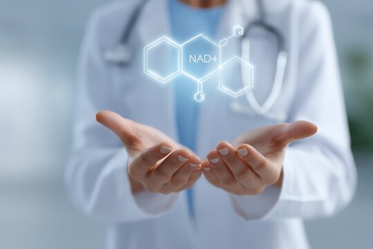 Female doctor showcasing nad+ structure hologram in healthcare concept image