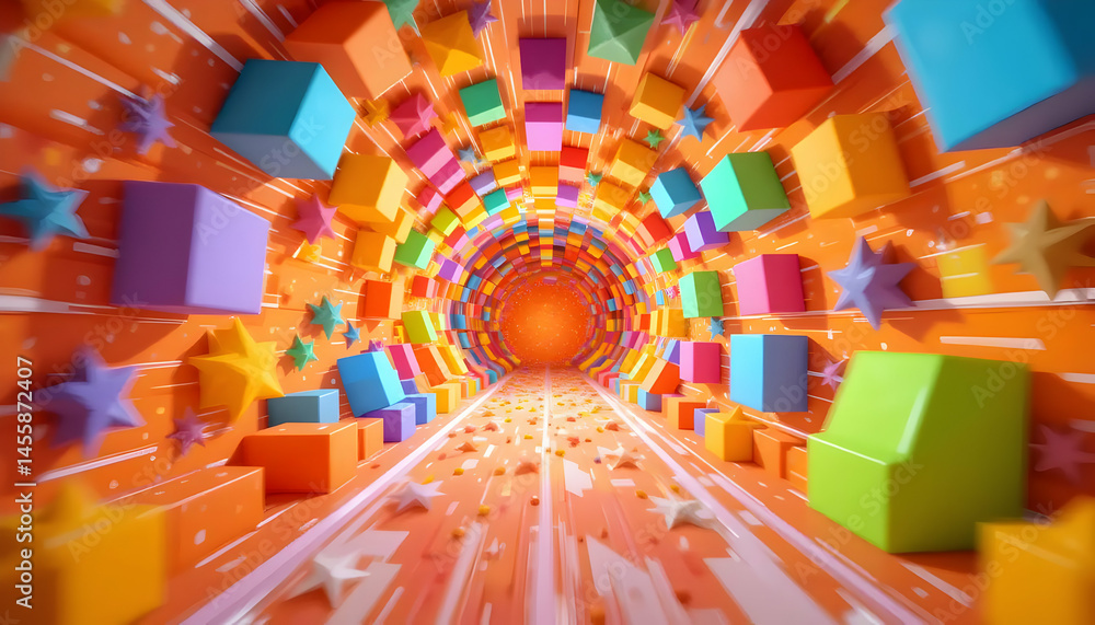 Poster vibrant colorful cube tunnel abstract 3d render of a psychedelic starry corridor