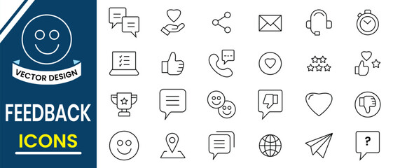 Customer Feedback icon, rating vector icon design. Set of feedback, review vector icons for web design. Emoticon, share, message, like, unlike, heart line icon vector illustration.