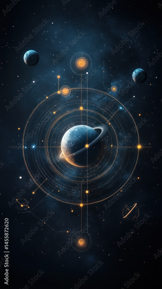 Poster Celestial alignment of planets in deep space, with glowing rings and connecting lines