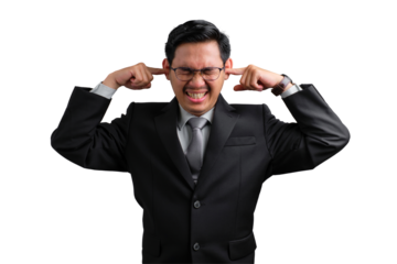 Handsome Asian businessman in suit covering ears, feeling frustrated, isolated on transparent background