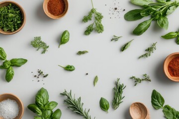 Fresh herbs and spices arranged aesthetically on a light surface for culinary preparation and cooking inspiration