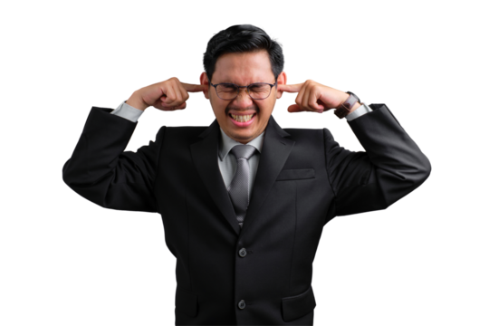 Handsome Asian businessman in suit covering ears, feeling frustrated, isolated on transparent background