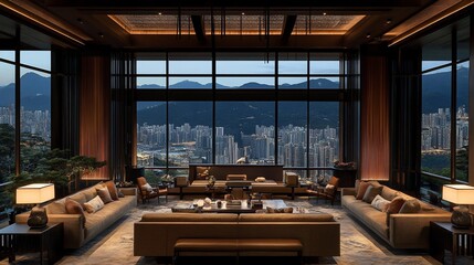 Luxurious, modern living room with panoramic mountain and city views.  Spacious, sophisticated interior design, featuring high-end furniture,  natural light, and expansive windows