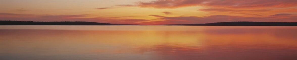 Naklejka premium Crimson and gold hues paint tranquil Michigan lake at sunset, clouds, colors, calm