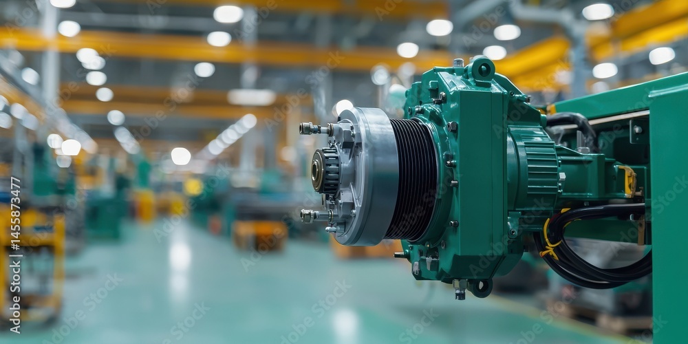 Poster high-efficiency machine motor operating in a green factory setting
