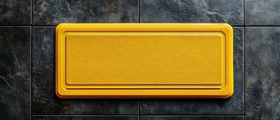 Yellow sign rests on dark slate tile wall, providing strong color contrast.