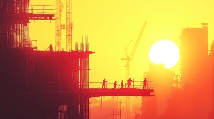 Obraz premium Construction workers silhouette at sunset