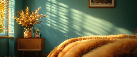 Sun-drenched bedroom with a cozy faux fur throw