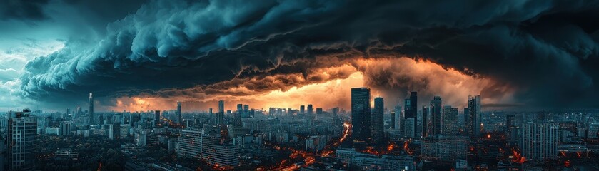 Fototapeta premium Ominous storm clouds loom over a sprawling city skyline, creating a dramatic and intense atmosphere.