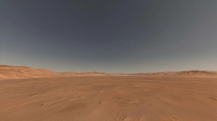 Naklejka premium Vast, arid Martian landscape stretches under a pale sky. Desert-like plains, muted reddish-orange tones, low hills in the distance