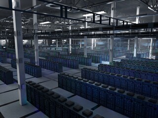 Obraz premium Dimly lit data center facility supercomputers operating predictive analytics platforms and big data systems. Server farm mainframes storing sensitive data for analysis, 3D rendering