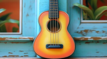 Fototapeta premium Close-up of a vibrant ukulele against a teal-painted wooden frame. The instrument's body shows a gradient of orange and yellow
