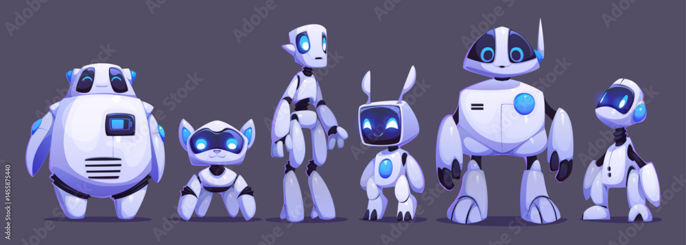 Poster cartoon futuristic robot mascot characters, digital droid and cyber animal bot toys, vector ai. arti