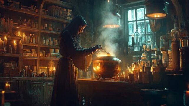 A woman in a robe is stirring a cauldron in a dimly lit room. The scene is set in a fantasy world, with a witch brewing a potion. The atmosphere is mysterious and eerie, with the woman's long hair