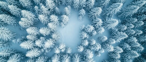 Snow covered trees display beautiful winter landscape viewed from above, presenting serene natural scene.
