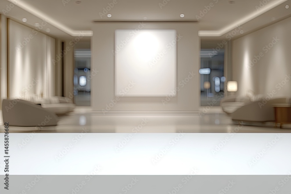 Poster modern, spacious lobby with a blank canvas wall. soft lighting and plush seating. empty countertop f