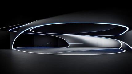 Futuristic underground garage illuminated with neon lights, modern interior concept, luxury automobile showroom, automotive showroom design