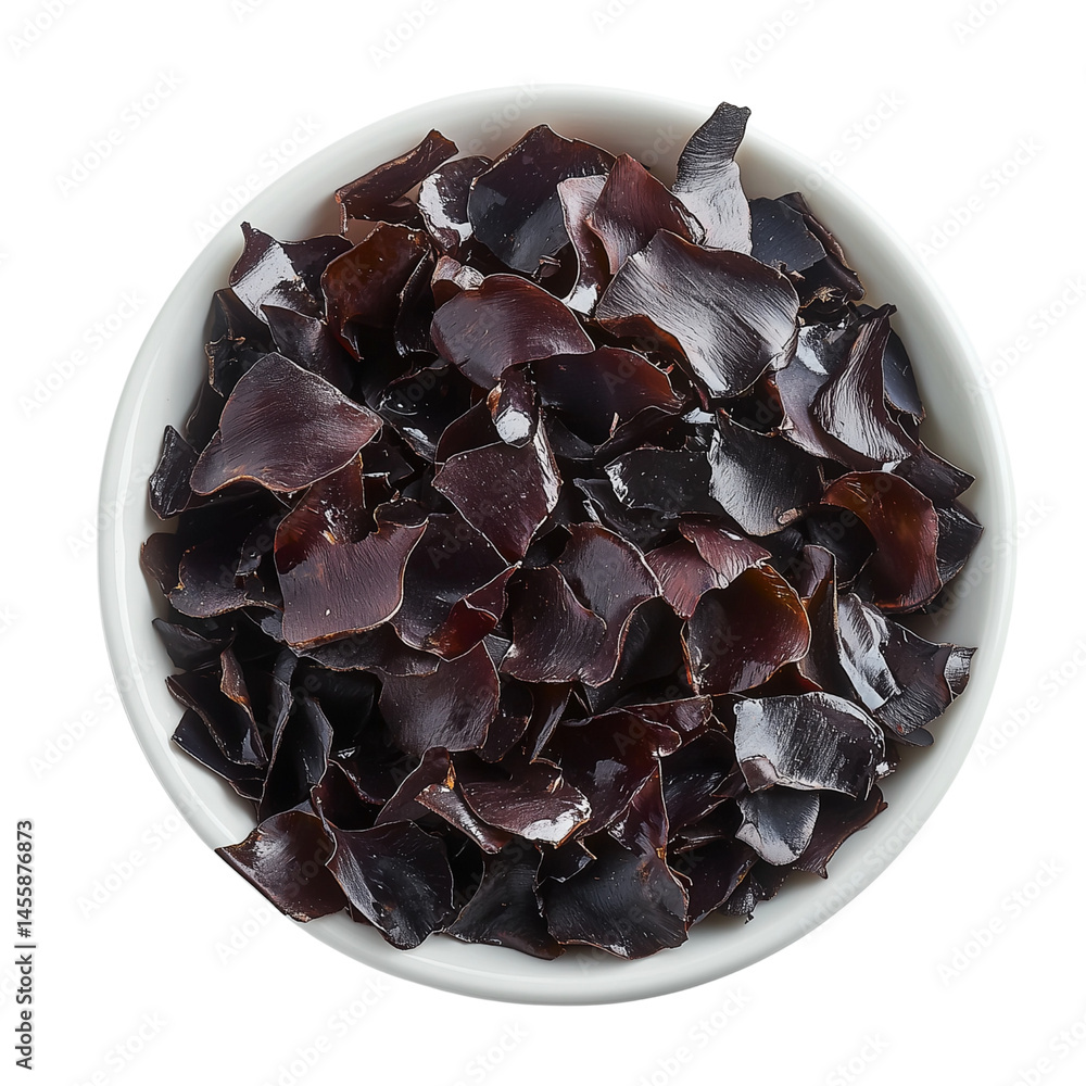 Poster drdulse chips in a white bowl, showcasing its unique texture and dark color. isolated on white backg