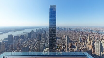 Fototapeta premium High-angle view of New York City skyline with a modern skyscraper. Urban landscape, including a glassy high-rise building, and cityscape