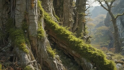 Ancient grey weathered tree trunks, moss, lichen, vines, rugged cliffs , moss, growth