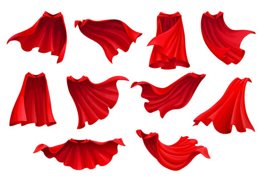Red hero coat or superhero cape cloak and magic carnival mantle. Cartoon vector superhero red mantle cape or cloak coat flying or flowing in wind for costume of magic mantle with red cape