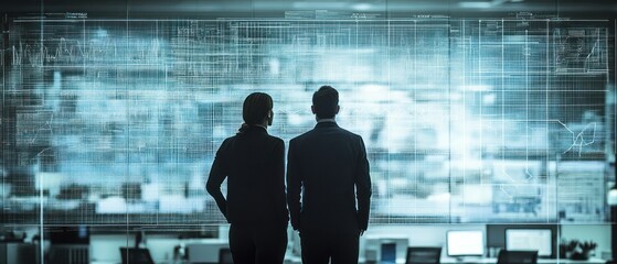 Business colleagues observe complex data visualizations, contemplating market trends, technology advancements.