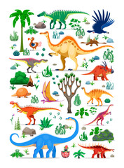 Obraz premium Cartoon prehistoric dinosaur animals, reptiles and baby dino in egg characters. Vector jurassic camptosaurus, argentavis, raphus and dimorphodon, styracosaurus, kentrosaurus and tarbosaurus dinosaurs
