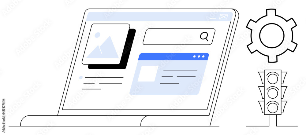 Poster laptop screen displaying webpage search results with image and text cards, settings gear icon, and t
