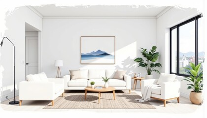 Serene white living room with abundant natural light from large windows, interior design inspiration