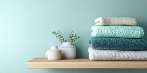 A shelf with a vase and a stack of towels