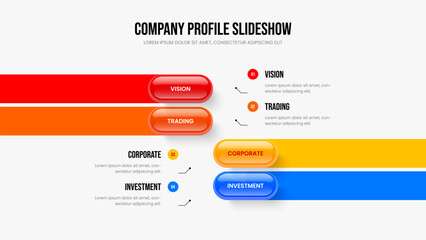 Fototapeta premium Digital Performance 4 Element Diagram Slideshow Layout. Corporate Introduction Four Option Infographic Slide Template. Product Profile Presentation Design Vector Illustration.