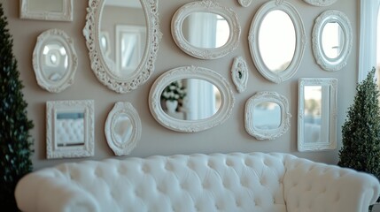 White mirrors wall decor above sofa