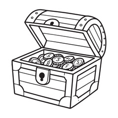 A charming uncolored outline of a pirate chest with coins inside, created for a coloring book.