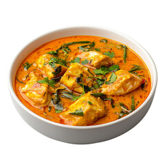 A flavorful fish curry featuring succulent pieces of meat cooked in a rich, creamy sauce with fresh herbs. isolated on white background and transparent background