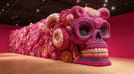 A large, elaborate skull sculpture, constructed from textured, voluminous forms in shades of pink and orange, stretches across the gallery space