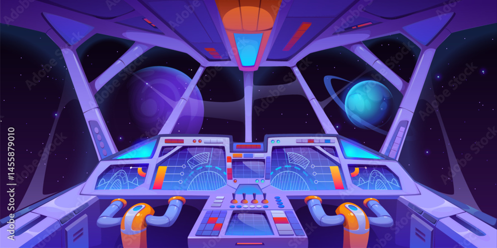 Poster Spacecraft dashboard or spaceship cockpit interior with control panel, cartoon vector. Space game rocket or spaceship cockpit of spacecraft or galaxy shuttle cabin window with dashboard